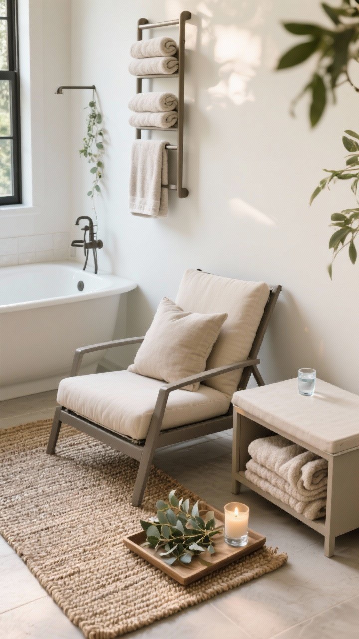 Detail closeup: A cozy seating vignette just outside the tub—deep outdoor lounge chair with water-resistant, wipeable cushions; a quick-dry outdoor rug with low, tightly woven pile underfoot; a mounted towel ladder rack with thick, folded towels; a lidded storage bench slightly open showing fleece/outdoor-rated throws; a small tray with eucalyptus sprigs, a flameless candle, and chilled water; soft natural light highlighting fabric textures and rug weave; photorealistic.
