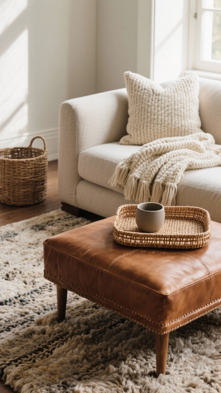 Detail closeup: A curated texture vignette on a sofa corner featuring a linen sofa base, a smooth vintage leather ottoman edge in tobacco brown, and a dense wool rug underfoot. Add two accents: a chunky knit cream throw draped over the arm and a rattan tray on the ottoman holding a small fringed pillow and a matte ceramic cup. Mix scales: the thick knit vs. a fine silky cushion. Repeat materials subtly—rattan tray echoed by a small rattan basket in the background. Soft natural window light rakes across the textiles to highlight weave and grain. Shot at an angled close range to showcase tactile contrast.