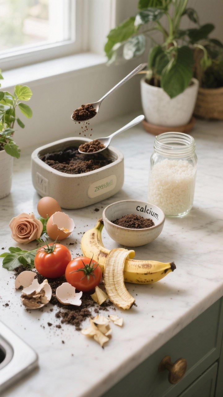 Detail closeup: A kitchen counter vignette of plant-fuel scraps, shot overhead with soft window light. Chopped banana peels prepped for burying near tomatoes and roses; rinsed, dried, crushed eggshells in a small bowl labeled “calcium”; a teaspoon of coffee grounds being sprinkled thinly onto a compost caddy; a jar of cloudy rice-rinse water ready for houseplants. Natural textures of peel, shell, grounds, and milky water; clean, balanced, zero-waste feel.