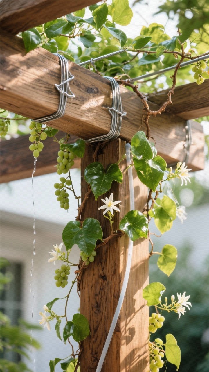 Detail closeup — A living pergola beam with galvanized wire guides neatly training star jasmine and grapevine tendrils; textured wood grain, glossy green leaves, small grape clusters beginning to form, and delicate jasmine blooms; subtle drip irrigation line tucked along the post, dappled sunlight filtering through foliage for natural cooling, shallow depth of field, photorealistic