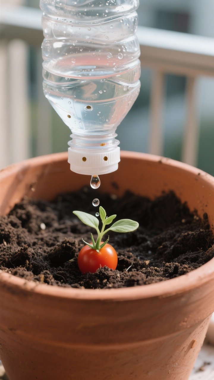 Detail closeup: A recycled plastic bottle drip irrigation setup in a balcony planter, shot straight-on with diffused daylight. A 2-liter bottle filled with slightly tinted water (weak liquid feed) inverted, the cap showing 2–3 tiny pinholes; the neck buried a few inches into dark potting soil around a tomato seedling. Visible slow-release droplets beading at the cap, faint condensation on the bottle, moist soil texture, and tidy terracotta pot edges in frame.