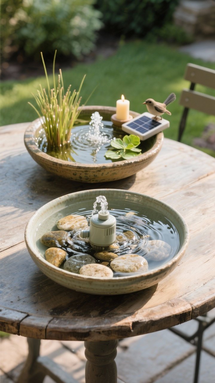 Detail closeup: A small ceramic tabletop fountain on a rustic outdoor table—shallow bowl filled with river stones, a discreet pump bubbling gently, water ripples catching soft sunlight. Nearby, a second vignette shows a solar-powered birdbath with a small bubbler and a ceramic bowl with floating candles and dwarf papyrus/water lettuce. Focus on reflections and gentle movement; background softly blurred garden greens. Overhead angle emphasizing water texture.