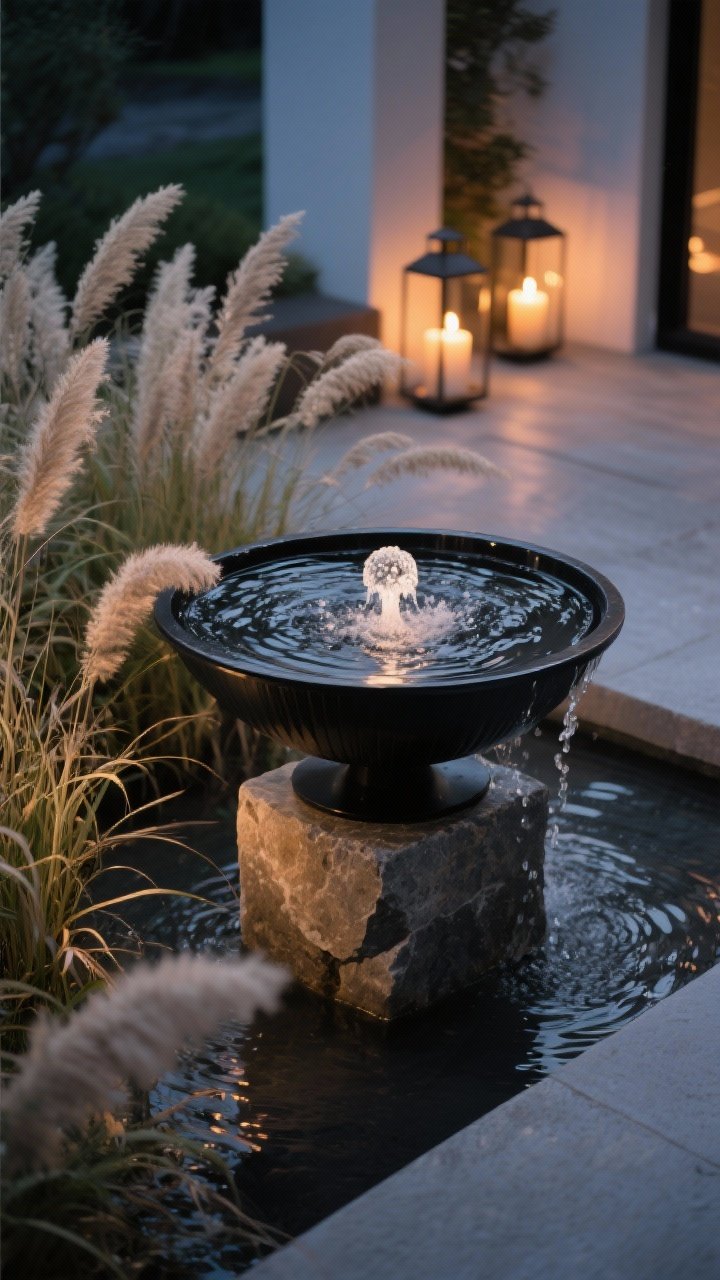 Detail closeup: A small, modern black metal bubbler fountain on a stone base with rippling water masking ambient noise; surrounding clumps of miscanthus and pampas grass gently rustling; warm, low downlights and candle-lit lanterns casting soft glows without harsh hotspots; evening scene, moody and soothing; photorealistic, overhead-leaning angle emphasizing water texture and lighting.