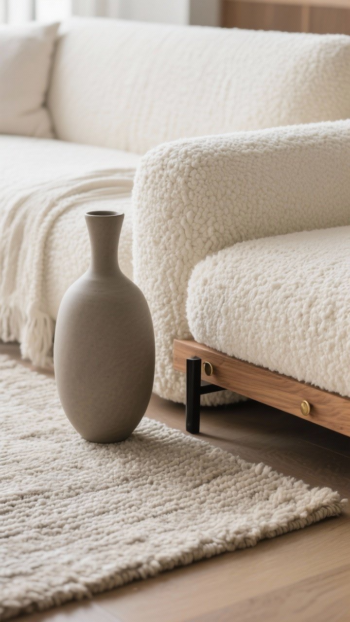 Detail closeup: A tactile vignette layering textures rather than objects—a low-pile neutral rug beneath the edge of a cream linen or boucle sofa, with a single matte ceramic sculptural vase on a slim side surface and a warm oak accent visible at frame edge. Hardware elements in matte black or brushed brass are subtly included. Soft, diffused natural light rakes across the materials to reveal nubby wool, linen weave, matte ceramic finish, and wood grain. Shallow depth of field to celebrate quiet, cozy minimalism.