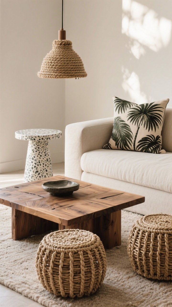 Detail closeup: A texture-rich grouping—teak coffee table surface with visible grain, two woven ottomans in natural rope, a rope-wrapped pendant light hanging above, and a small terrazzo side table for cool contrast. Include a single bold palm-pattern pillow on a neutral lounge seat in the background. Balanced mix of natural textures and smooth stone/metal, neutral base with tropical accent. Soft morning light emphasizing material detail.