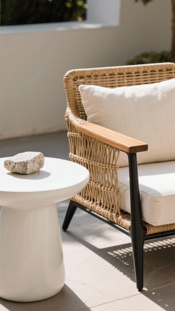 Detail closeup – A texture-rich vignette on a patio side table: woven rattan lounge chair arm next to a smooth white ceramic side table, a linen-look cushion in a tight neutral palette (warm beige and cream) on a matte black metal frame. Include a teak armrest intersecting with powder-coated steel, and a polished stone accent for sleek contrast. Soft, natural daylight grazes surfaces to highlight the layered textures while keeping colors to two neutrals with a single muted accent tone.