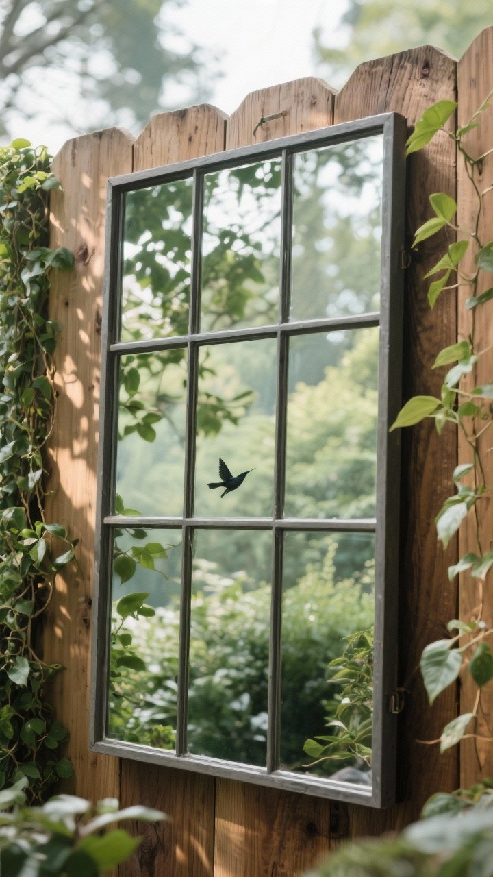 Detail closeup: A weatherproof windowpane-style mirror hung on a cedar fence, angled slightly to reflect layered greenery and depth while avoiding a direct self-reflection; dappled light patterns across the glass and frame suggest bird-safe placement; visible texture of cedar grain, climbing vines, and soft green leaves doubled in the mirror; soft overcast natural light, tight composition, photorealistic.
