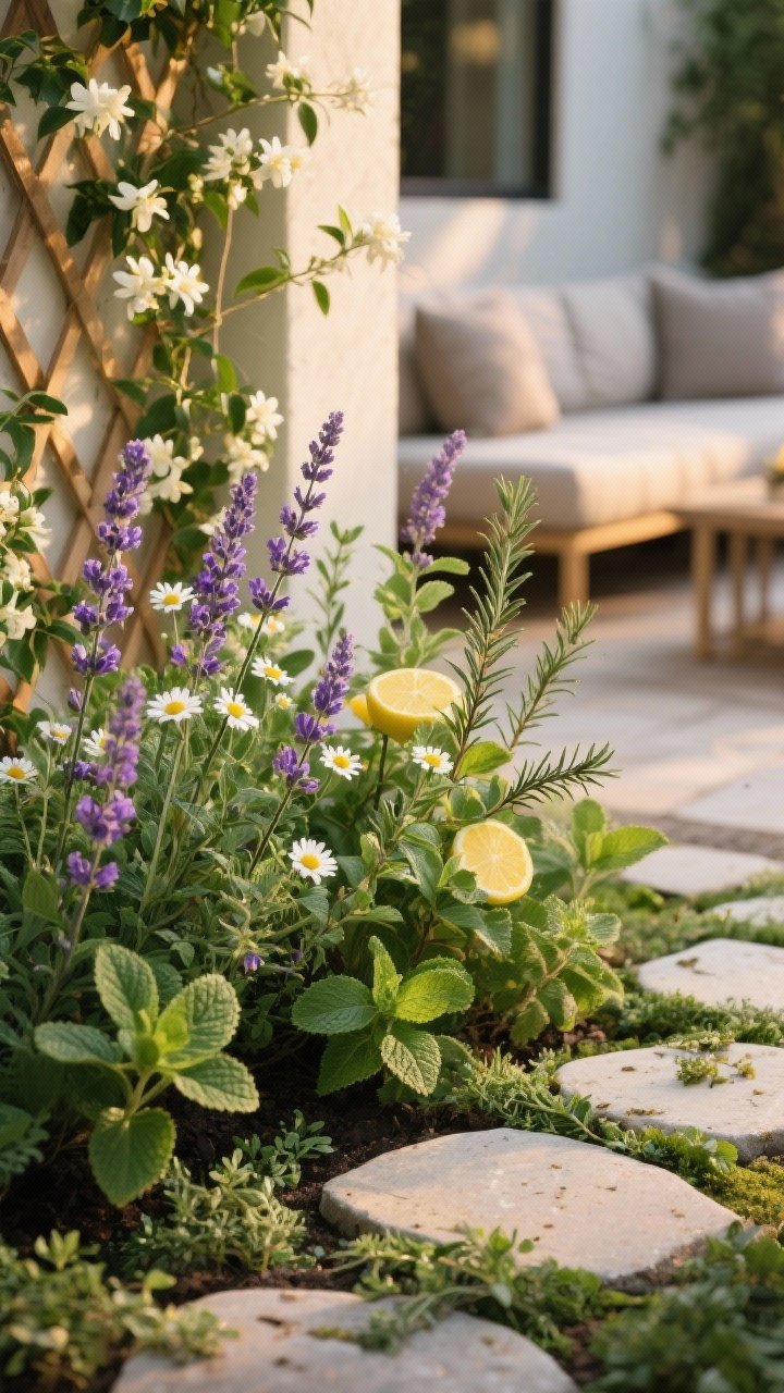 Detail closeup: An aromatic planting near a seating area—sprigs of lavender and chamomile blooms intertwined with lemon verbena and rosemary, with night-blooming jasmine vines on a nearby trellis. Include stepping stones set through a patch of mint and thyme, some leaves lightly bruised to suggest released fragrance. Golden-hour light catching fine hairs on leaves and floral textures. Low, intimate perspective to evoke scent.