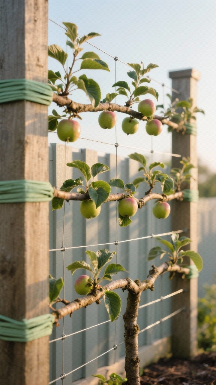 Detail closeup: An espalier fruit tree trained flat against a trellis on posts—apple branches tied horizontally with soft green garden ties to a tension wire system; crisp, glossy leaves and forming fruit; background shows a fence panel for context; early morning light highlighting the sculptural pattern of the trained branches; photorealistic, shallow depth of field emphasizing the art-meets-garden technique.
