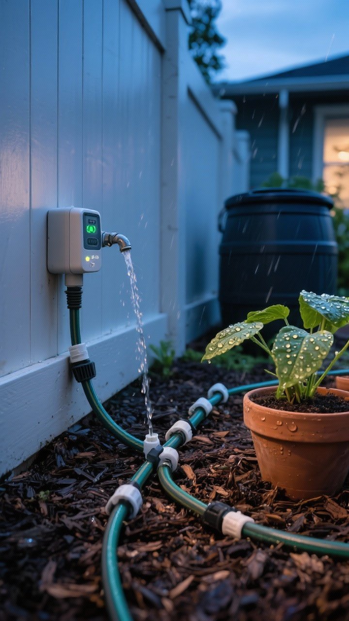 Detail closeup: Drip irrigation emitters and a soaker hose weaving through a mulched bed and into container pots, connected to a smart hose timer at the spigot. Include a rain sensor mounted on the fence and a rain barrel under a downspout. Pre-dawn blue-hour lighting with a tiny indicator glow on the timer, droplets on leaves suggesting efficient, root-level watering.