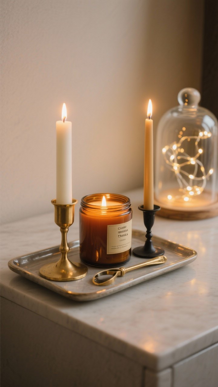 Detail closeup from a slight corner angle of a candle trio on a heat-safe tray: one ivory pillar, one amber-glass jar candle, and one slim taper in a brass or black iron holder, with a matching wick trimmer and candle snuffer nearby. Optional smoky glass cloche in the background with a tiny bundle of warm white string lights glowing softly. Scents implied by labels like cedar, smoked vanilla, chai, spiced pear. Warm, low evening lighting with golden highlights and realistic flame flicker (or LED taper realism). Amber glass reads cozy; minimal background to keep focus on the trio. Photorealistic, no people.
