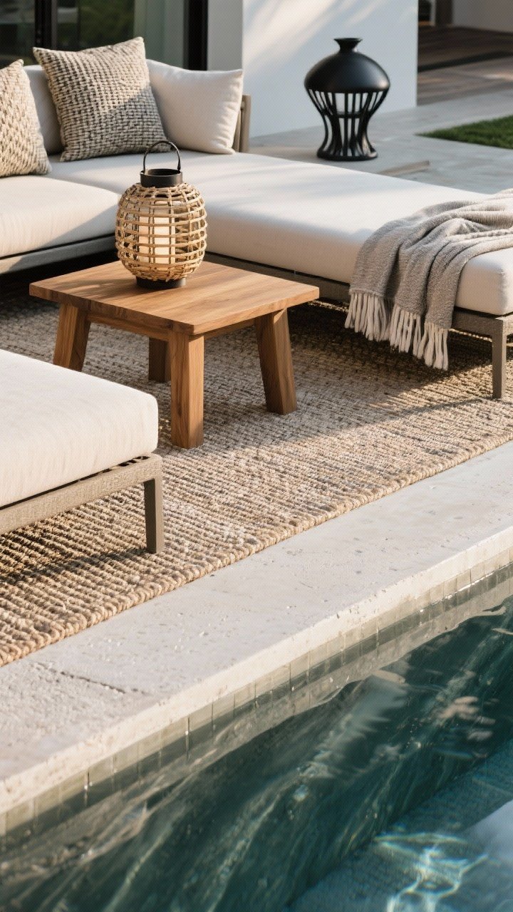 Detail closeup from low angle: Texture mix near the pool—non-slip, lightly textured concrete at the water’s edge meeting a cushy outdoor rug under a lounge set; weatherproof performance fabric cushions with visible weave and quick-dry venting, a teak side table with a woven lantern on top, and a folded soft throw; include a matte-black metal accent object; soft late-day light grazing surfaces to highlight texture contrast.