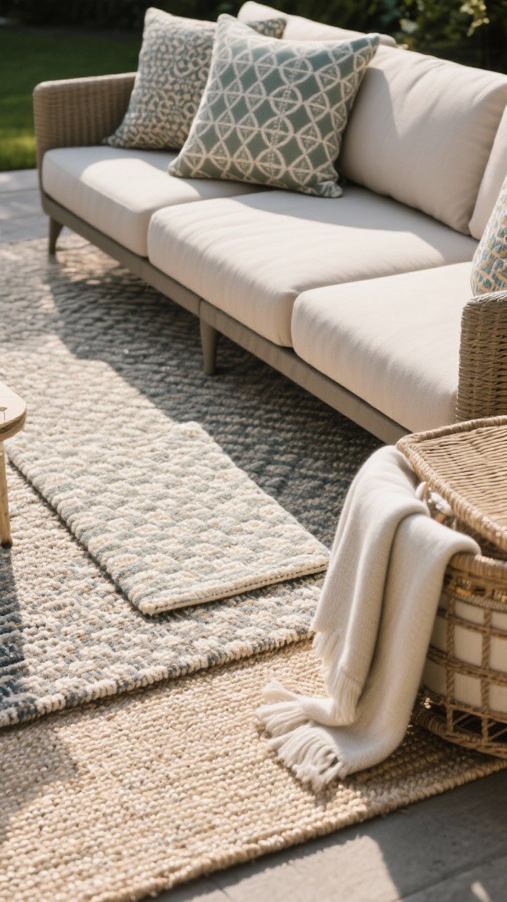 Detail closeup – Layered outdoor textiles: a large neutral outdoor rug as base with a smaller patterned rug layered on top, performance fabric cushions (Sunbrella/Olefin/polypropylene) in a balanced mix—one hero pattern, one small pattern, and one solid—in coordinated hues. A folded outdoor throw peeks from a lidded basket nearby. Soft diffuse daylight highlights the weave and durability of the fabrics and the texture contrast between the rugs.