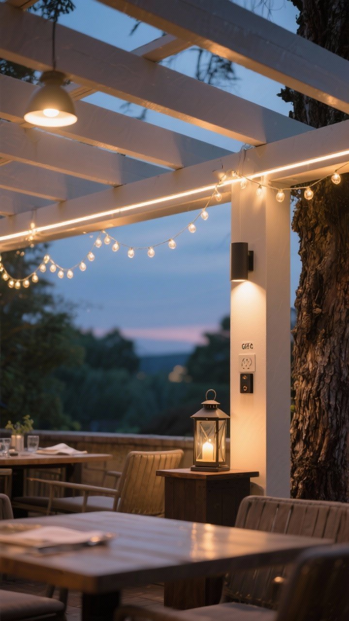 Detail closeup — Layered pergola lighting at dusk: warm white (2700–3000K) cafe string lights zigzagged for ambient glow, a focused downlight over a dining tabletop, LED strips tucked along a beam edge, and a lantern on a side table; subtle uplight washing a nearby tree trunk; wet-rated fixtures with visible outdoor GFCI outlet and dimmer control panel; cinematic, cozy twilight atmosphere, photorealistic, shallow depth of field