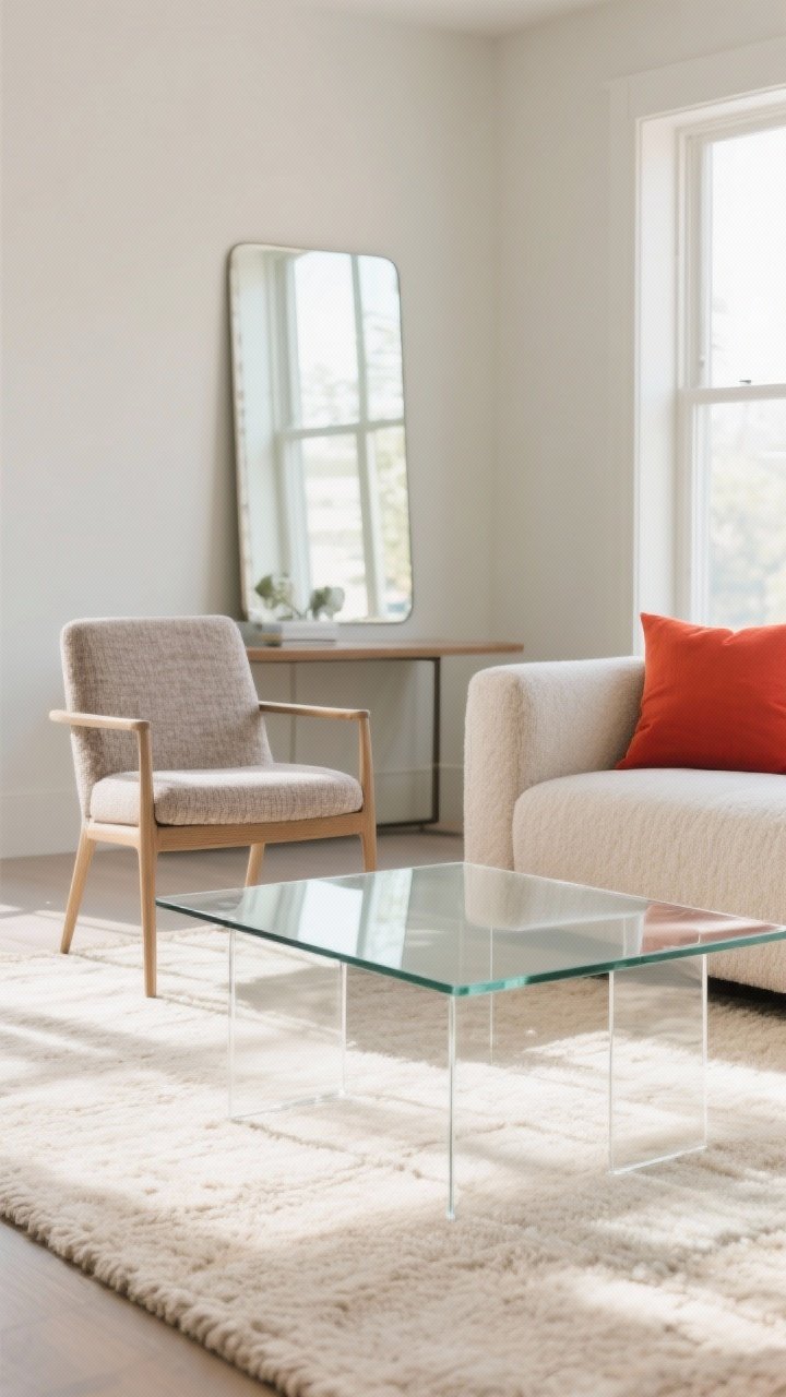 Detail closeup: Light, reflective, and leggy materials—glass or acrylic coffee table that visually disappears atop a soft oatmeal-toned rug; chair with open base and raised legs allowing light to travel under; a large mirror placed opposite a window bouncing natural light; light, low-contrast textiles in oatmeal, mist, and soft taupe with subtle texture (bouclé/linen weaves) and a restrained pop of a single bold accent color in a pillow, captured in bright, diffused daylight.