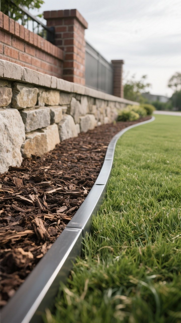Detail closeup, low angle along a crisp garden bed edge: steel/aluminum edging nearly invisible separating lawn and mulch; alternate vignette includes a brick soldier course and natural stone edging in adjacent segments; mulch fresh and even, turfline sharp; long, generous curve of the bed receding into the background; soft overcast light accentuates textures of brick, metal, stone, and bark mulch; no people.