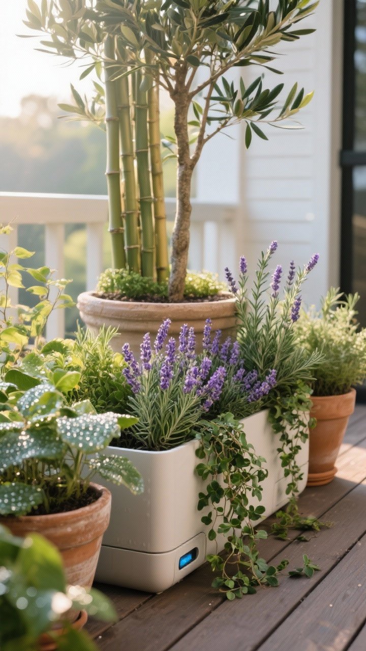 Detail closeup, morning light: A lush plant cluster on the deck showing the “thriller, filler, spiller” formula—tall thriller like bamboo or a compact olive tree in a large pot, fillers of bushy lavender and rosemary adding texture and scent, and spillers like creeping jenny and ivy trailing over the planter edges. Self-watering planters with subtle moisture indicators visible. Pots grouped in odd numbers, dew-kissed leaves, photorealistic.