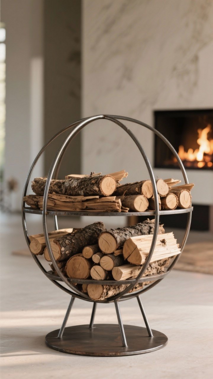 Detail closeup of a circular geometric metal wood rack styled like sculpture, stacked with neatly arranged kindling, splits, and a few rounds for visual rhythm, raised off the ground for airflow, positioned 5–10 feet from the fire area, textures of bark and grain highlighted in soft side light, functional decor that anchors the space, photorealistic.
