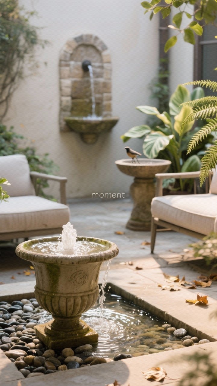 Detail closeup of a compact water feature “moment”: a self-contained bubbling urn fountain on a pebble basin near a seating area, water ripples catching soft morning light; in the background, a wall fountain mounted on masonry is softly out of focus; a nearby birdbath is framed by hosta and ferns for an old-world courtyard vibe; placed away from heavy leaf fall; tranquil mood, no people, photorealistic.