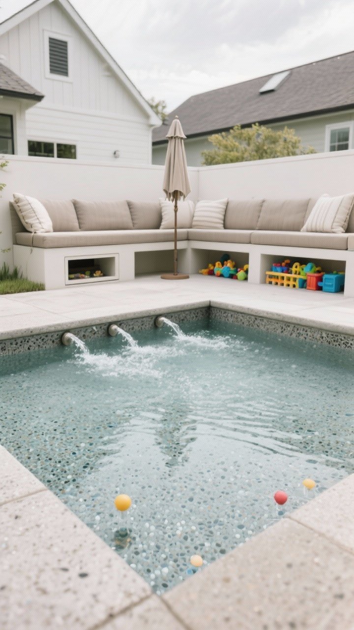 Detail closeup of a kid-friendly splash zone surface: shallow pad of micro-exposed aggregate concrete with subtle texture and non-slip finish, a few understated floor jets angled inward to reduce splash-over, adjacent bench with outdoor cushions, integrated umbrella sleeve and built-in toy storage hatch visible, farmhouse-courtyard-meets-spa style, soft overcast light, photorealistic, no people.