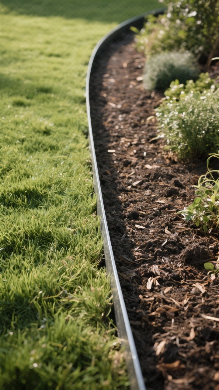 Detail closeup of edging perfection: a crisp V-shaped natural trench edge separating a lush lawn from a mulched planting bed, with an adjacent section showing sleek steel edging creating a smooth curve; textures of cut turf, compacted soil, and fine mulch clearly visible; bright but diffuse daylight to highlight the clean border lines, no people, emphasis on precision and contrast.