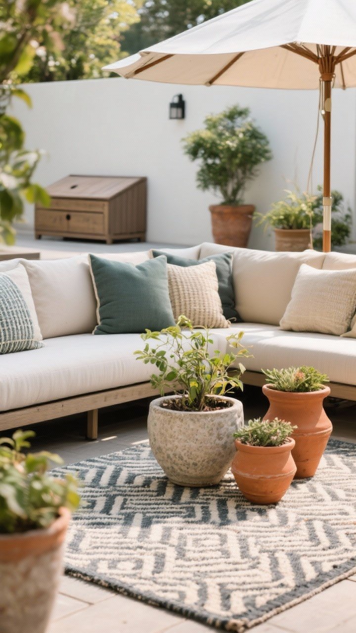 Detail closeup of finishing touches on a patio vignette: layered outdoor textiles including an anchored rug with a refined pattern, cushions repeating a 2–3 color story across seating, mixed planters in ceramic, fiberstone, and terracotta at varying heights; a slim umbrella edge peeks into frame, with a lidded storage bench in the background; soft natural light accentuates materials and color cohesion.