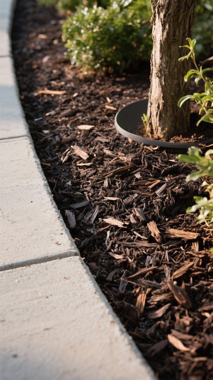 Detail closeup of freshly mulched garden bed showing mulch textures and correct technique: a crisp spade-cut trench edge forming a clean line, 2–3 inches of shredded hardwood mulch evenly spread, with a visible mulch-free collar around plant stems and a tree trunk to prevent rot; rich dark tones that make plant foliage pop; slight side lighting to reveal texture; perspective: low angle close to the edge highlighting the trench profile and mulch depth.