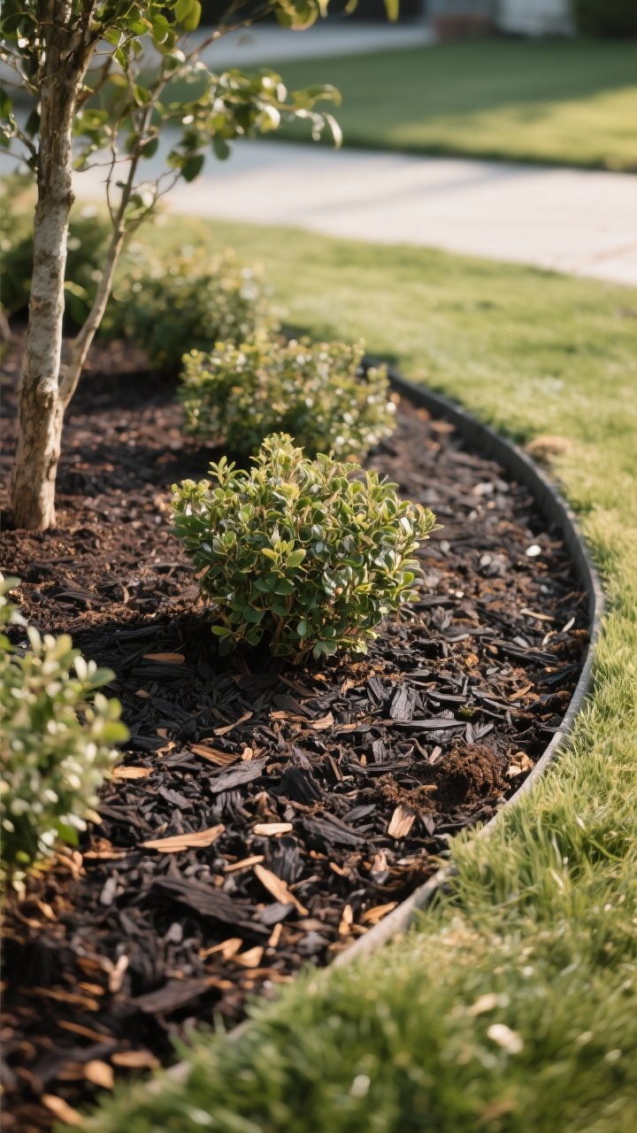 Detail closeup of freshly mulched planting bed: rich dark brown to black mulch at an even 2–3 inch depth around shrubs, no mulch touching trunks; a neat trench edge separates bed from lawn; a light top-dress of compost visible at the base of plants; textures of mulch chips and compost granules highlighted by soft, diffuse daylight for a “just groomed” look.