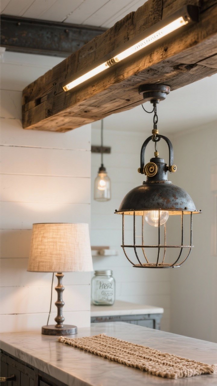 Detail closeup of industrial farmhouse textures: a reclaimed wood beam with slim can LEDs mounted beneath, casting warm 2700–3000K light; nearby open metal cage pendant with a subtle pulley detail in matte black paired with aged brass hardware for layered finishes; linen shade on a small counter lamp and woven runner tempering the metal; hints of upcycled elements like a mason jar pendant in the background, but only one bold “hero” fixture in sharp focus; patina, grain, and metalwork crisply rendered, no people.