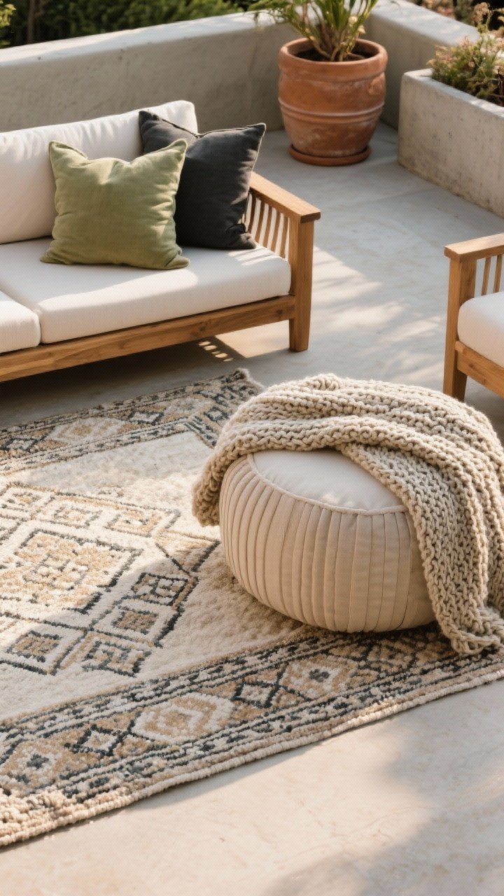 Detail closeup of layered outdoor textures: a neutral base outdoor rug topped with a smaller patterned rug featuring subtle Moroccan motifs, weatherproof cushions in a consistent palette of sand, olive, and charcoal on teak seating, chunky knit-style throw (faux knit) draped over an upholstered pouf, and ribbed concrete and terra-cotta planters framing the scene; soft late-afternoon light highlighting fabric weave and wood grain, overhead shot.