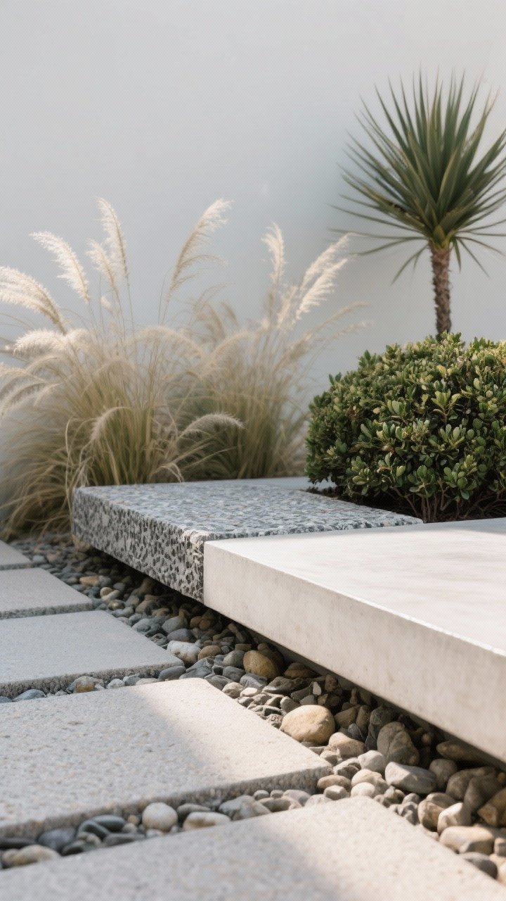 Detail closeup of layered textures: a sleek cast-in-place concrete bench edge meeting coarse crushed granite, with river stones softly transitioning to larger pavers; adjacent feathery grasses (miscanthus) brushing into frame, contrasting with a spiky yucca tip and a mounded pittosporum form; three clear texture categories—structural, soft, accent; side lighting to reveal surface grain and gloss vs matte finishes; restrained, minimal composition; photorealistic.