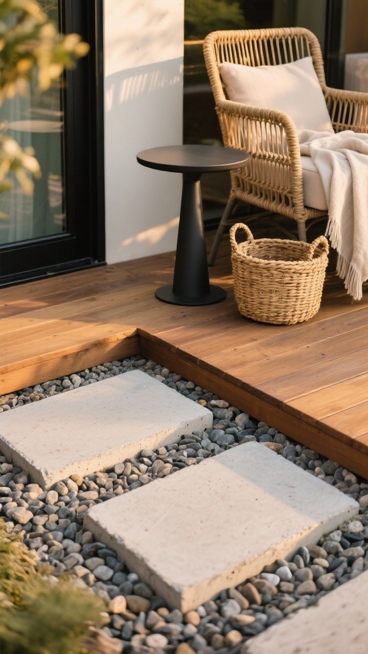 Detail closeup of layered textures: pea gravel base with large rectangular concrete stepping stones, adjacent to warm wood decking and black metal accents from a side table leg. Include a corner of rope-woven outdoor chair, wicker basket, and a light linen throw draped over the seat. Golden-hour light grazing surfaces to reveal texture, shallow depth of field, photorealistic, no people.