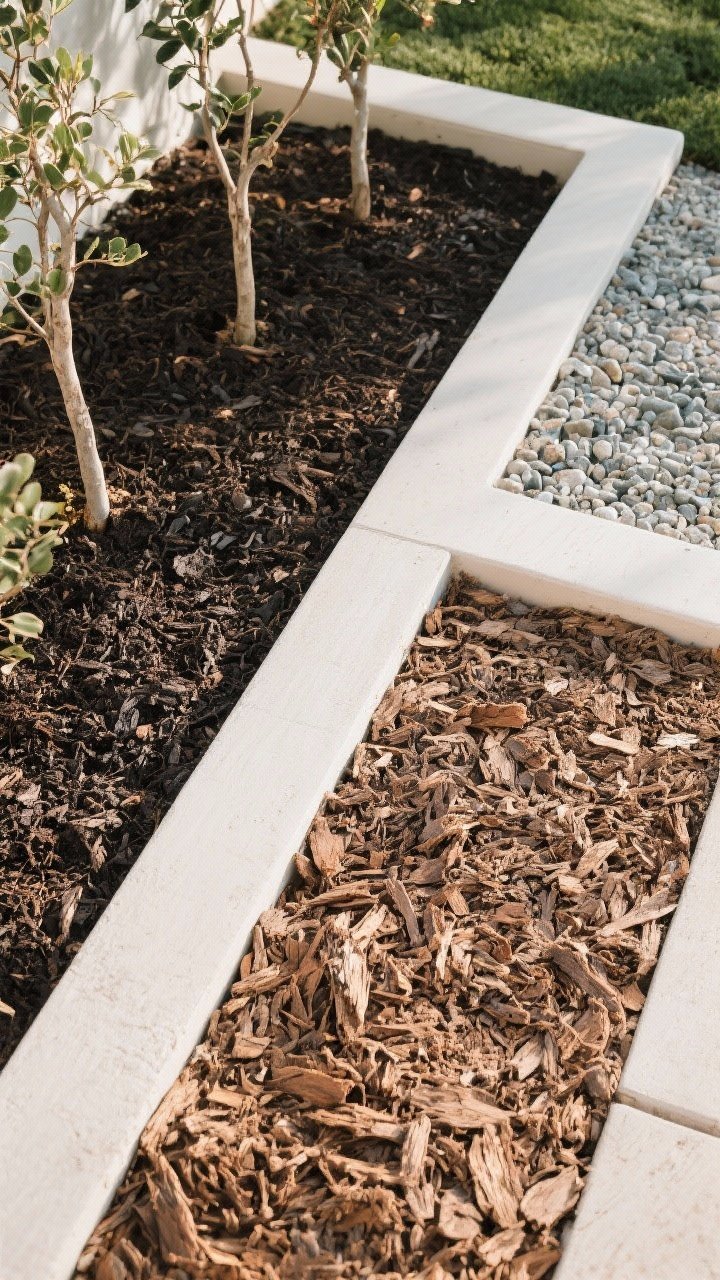 Detail closeup of mulch finishes: side-by-side bed segments showing fine bark/shredded hardwood with a smooth, uniform surface; a section with rich, dark compost around plant stems but pulled back slightly; and a modern gravel mulch area for a Mediterranean feel; mulch depth appears 2–3"; crisp edges and clean stems; photorealistic, overhead detail shot with gentle natural light to reveal texture differences.