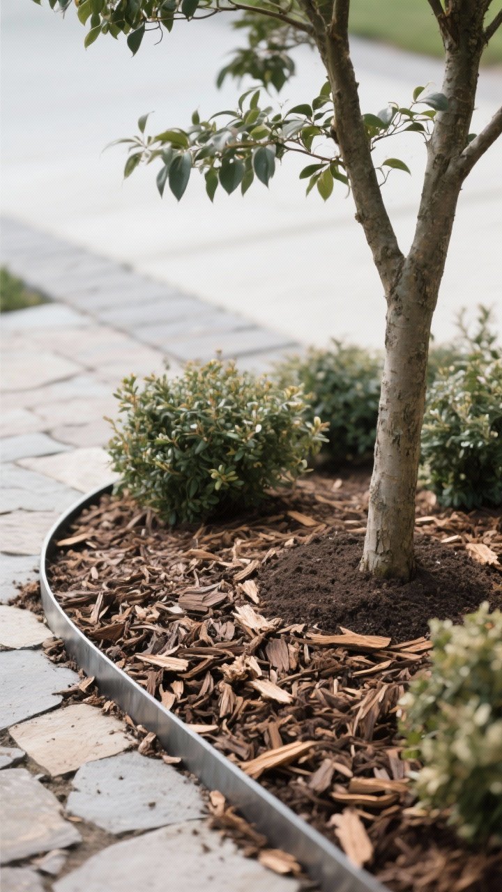 Detail closeup of mulch techniques around shrubs and a young tree: a 2–3 inch layer of shredded bark in the bed, coarser arborist wood chips under the tree, and a small zone of bare soil left 3 inches around trunks and crowns; a crisp steel border prevents mulch spill into a flagstone path; textures of bark fibers and chips in sharp focus; soft overcast light for even tones.