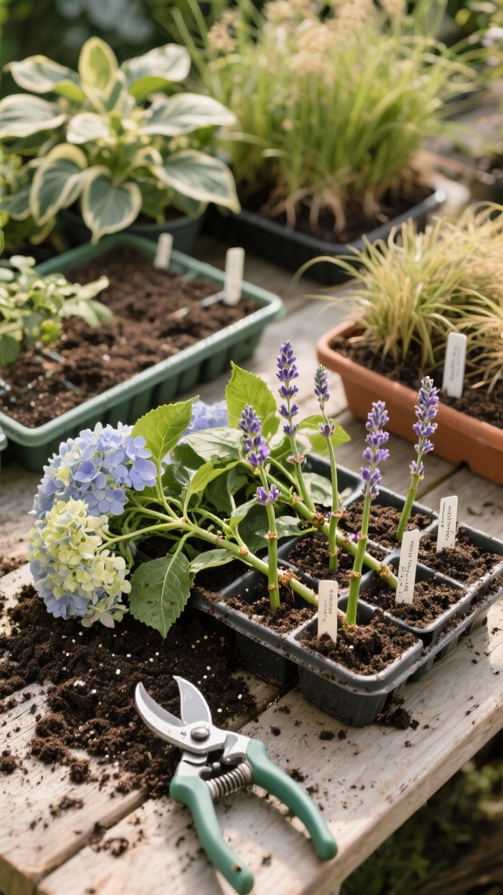 Detail closeup of propagation in progress on an outdoor potting bench: clean pruners, 4–6 inch softwood cuttings of hydrangea and lavender with lower leaves stripped, tips dipped in rooting hormone beside labeled trays of damp potting mix. In the background, divided hostas and ornamental grass clumps await replanting. Soft shade lighting, overhead perspective highlighting textures of moist soil, green stems, and tool metal.