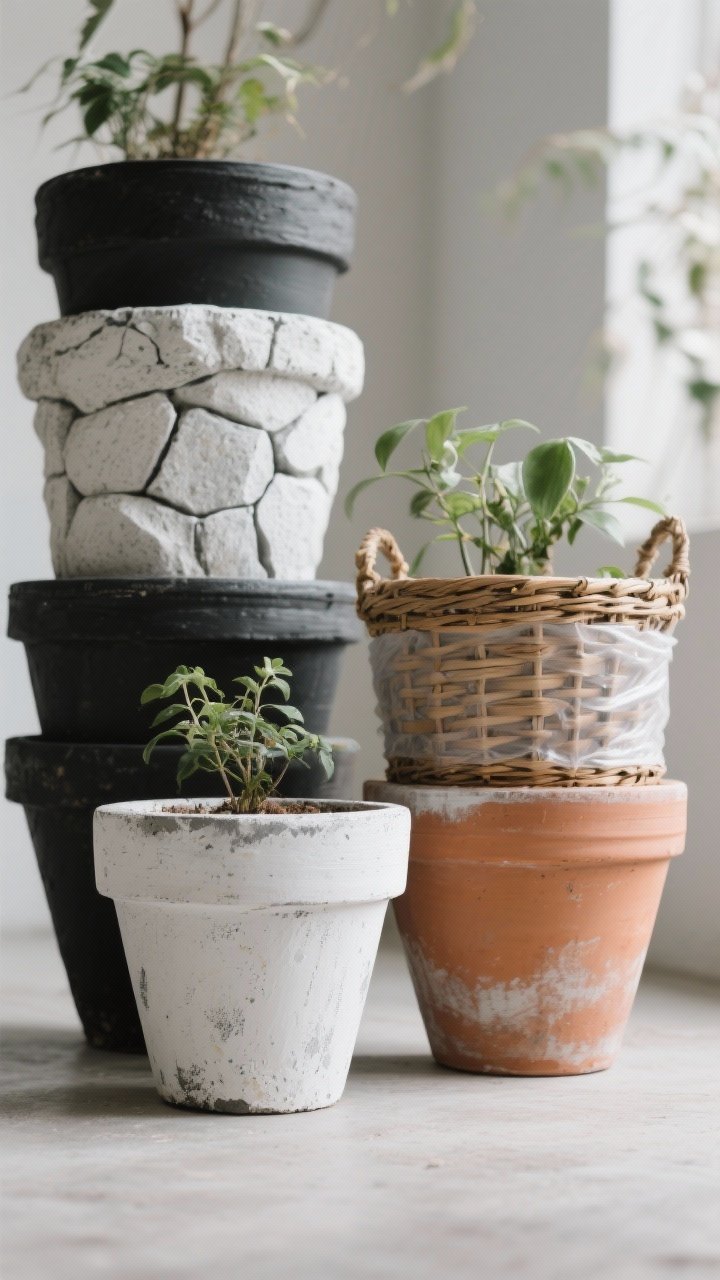 Detail closeup of upcycled containers: a cluster of three and five pots in a tight palette of black, white, and terracotta; one planter finished with stone-look spray and stone-texture topcoat (faux cement), another terracotta pot with soft limewashed patina, and a woven basket sleeve lined with plastic hiding a nursery pot; grouped at varying heights; soft diffuse daylight highlighting textures; photorealistic, low-angle closeup focusing on paint and weave textures.