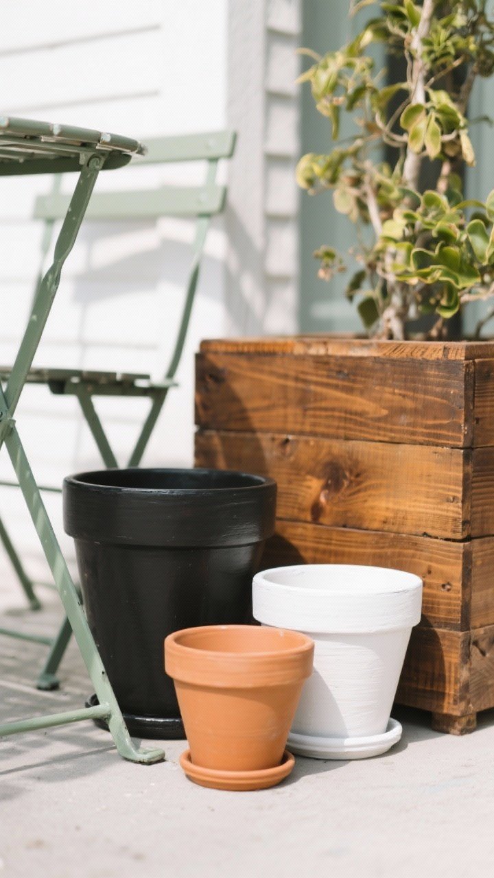 Detail closeup of upcycled planters and furniture unified with paint. Feature a trio of terracotta pots sprayed matte black, soft sage, and crisp white, arranged together. Include the corner of a metal bistro chair freshly coated in outdoor enamel, and a wood planter finished in warm exterior stain showing natural grain. Shallow depth of field to highlight paint sheens and textures, bright outdoor shade lighting, cohesive 2–3 color palette.