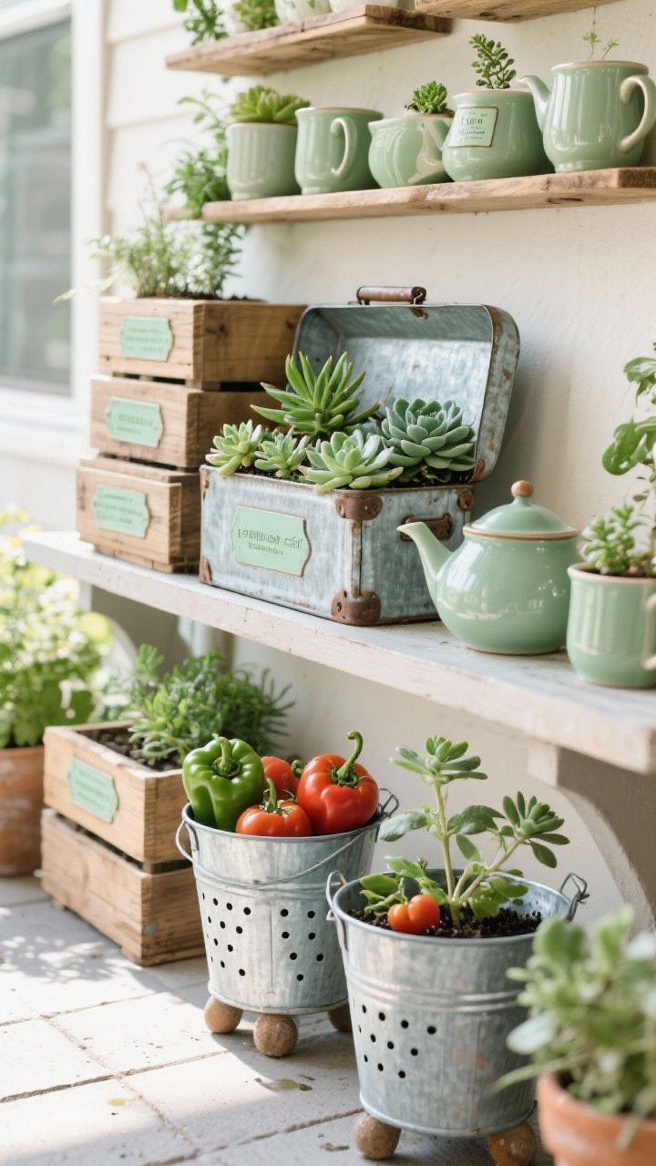 Detail closeup of upcycled planters with attitude on a patio shelf and ground grouping, shot from a slight side angle. A vintage galvanized toolbox brimming with succulents; drilled galvanized buckets and tubs hosting tomatoes and peppers; stacked sealed wooden crates forming a tiered herb wall; charming teapots and mugs planted with tiny succulents. Consistent color accent—subtle sage green touches across labels or trims. Visible drainage holes and planters elevated on small feet to avoid standing water. Bright, diffused daylight.