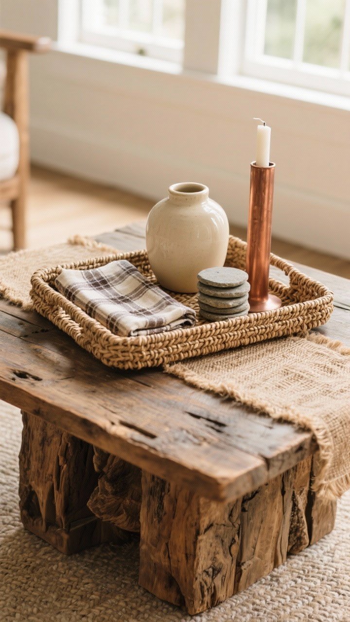 Detail closeup, overhead angle: A rustic coffee table vignette layered like a pro—woven seagrass tray as the base, a rough-cut reclaimed wood board slightly offset, and a chunky wood riser adding height. On top: a medium ceramic vase in cream with a tiny folded plaid flannel napkin peeking out, a small stack of stone coasters, and a taller copper-toned candle for height variation. Color palette of warm woods, creams, and a hint of copper; textures include burlap runner edge, jute placemat corner, and linen napkin under the tray. Composition follows a triangle layout with tallest item in back, two shorter pieces in front; soft natural window light highlighting fabric weaves and wood grain; photorealistic, no people.