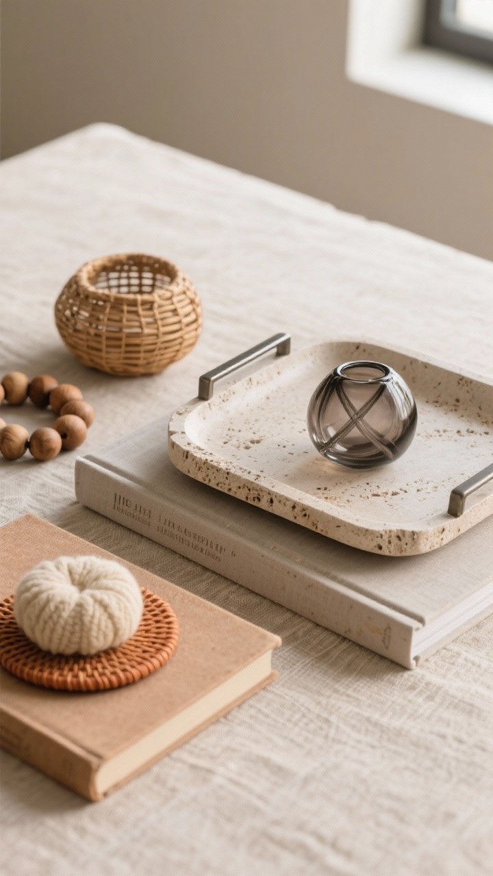 Detail closeup, overhead shot focusing on layered textures without farmhouse clutter: a travertine tray holding a smoked glass knot atop a linen-covered book, adjacent to a coil of raw wood beads and a small rattan accent; include a mini boucle or wool coaster set in a soft cream; balance warm (terracotta tint, rattan, linen) with cool (smoked glass, concrete-like stoneware edge, matte metal detail); neutral palette with warm undertones, soft window light grazing surfaces to highlight texture grain and weave; photorealistic, modern, restrained styling.