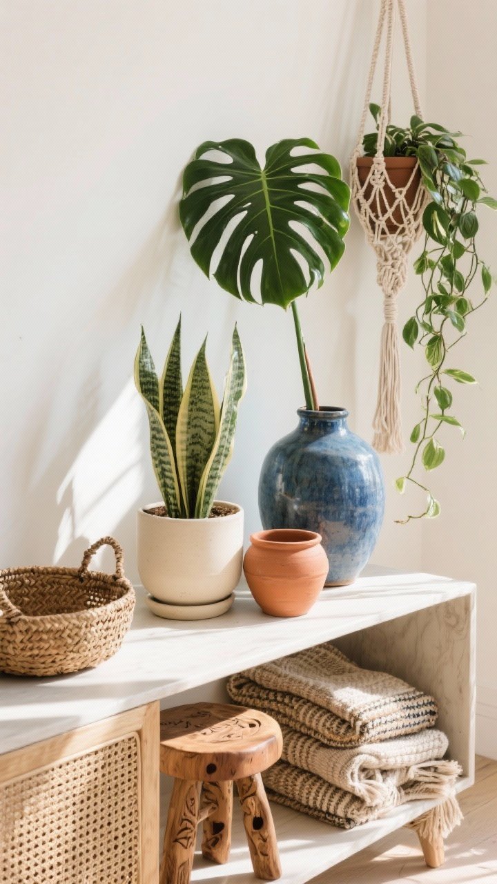 Detail closeup — Plants, pottery, and handmade accents on a sunlit console: a tall fiddle leaf fig to the side, a trailing pothos cascading from a macramé hanger, and a structural snake plant in front; pottery mix of glazed indigo vase, matte cream planter, and warm terracotta pot grouped together; artisan touches like a woven basket, a carved wooden stool edge peeking in, and a folded hand-loomed throw with visible weave; bright natural light highlighting textures, shot at a slight overhead angle, photorealistic.