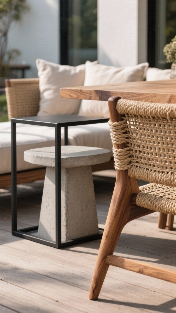 Detail closeup, shaded daylight: A designer texture vignette on a deck—teak wood arm of a chair paired with rope-wrapped dining chairs, a sleek concrete side table next to soft neutral linen cushions, and a matte-black metal frame peeking in. Tight palette of 2–3 materials repeated, emphasizing wood grain, rope fibers, smooth concrete, woven wicker texture, and matte metal. Soft natural light, shallow depth of field highlighting layered textures, photorealistic.