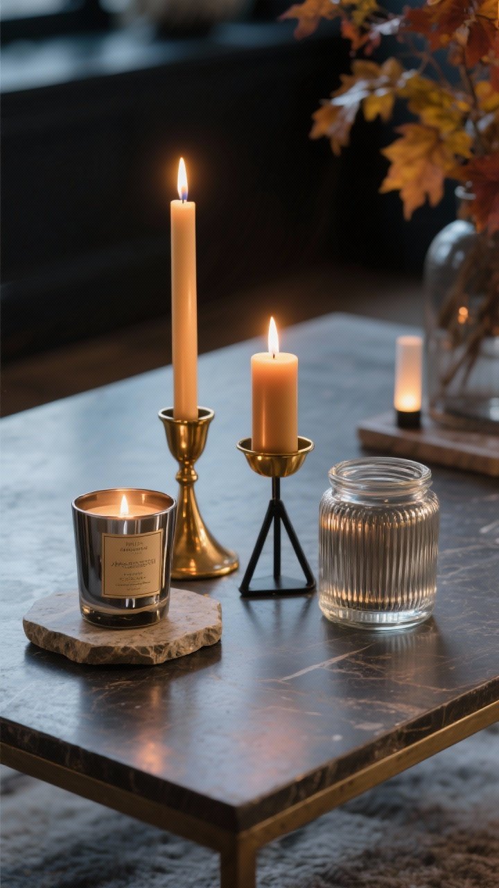 Detail closeup, three-candle cluster on a coffee table with polished fall mood: one tall taper in a warm brass holder, one medium pillar on a black metal stand, and one low votive in mercury glass for subtle shimmer; include a ribbed glass jar candle nearby. Candles are grouped on a heat-safe stone coaster, with another coaster layered beneath for texture. Suggest layered scents like amber + fig or cedar + vanilla via labels, but keep visuals understated. Optionally include one electric taper among them for safety. Low, moody evening lighting that lets flames reflect softly off brass and glass without feeling overly bright. No people.