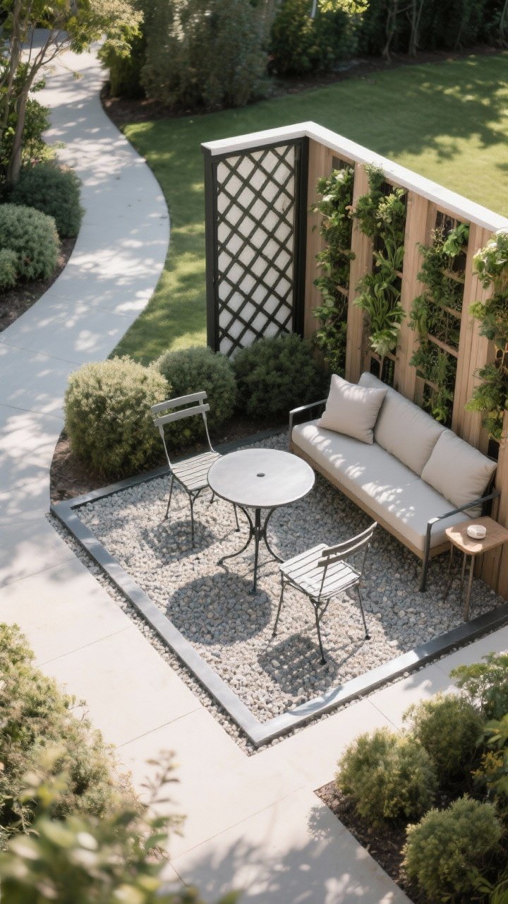 Detail/medium overhead-corner shot of a destination nook: a small gravel pad defined by steel edging hosts a bistro set with a round metal table and two chairs, flanked by a trellis screen and a vertical planter wall for enclosure; placed off a curved path and partially hidden by shrubs to evoke discovery; a bench with outdoor cushions and a side table sits nearby; soft dappled shade suggests a secluded retreat; no people, photorealistic.