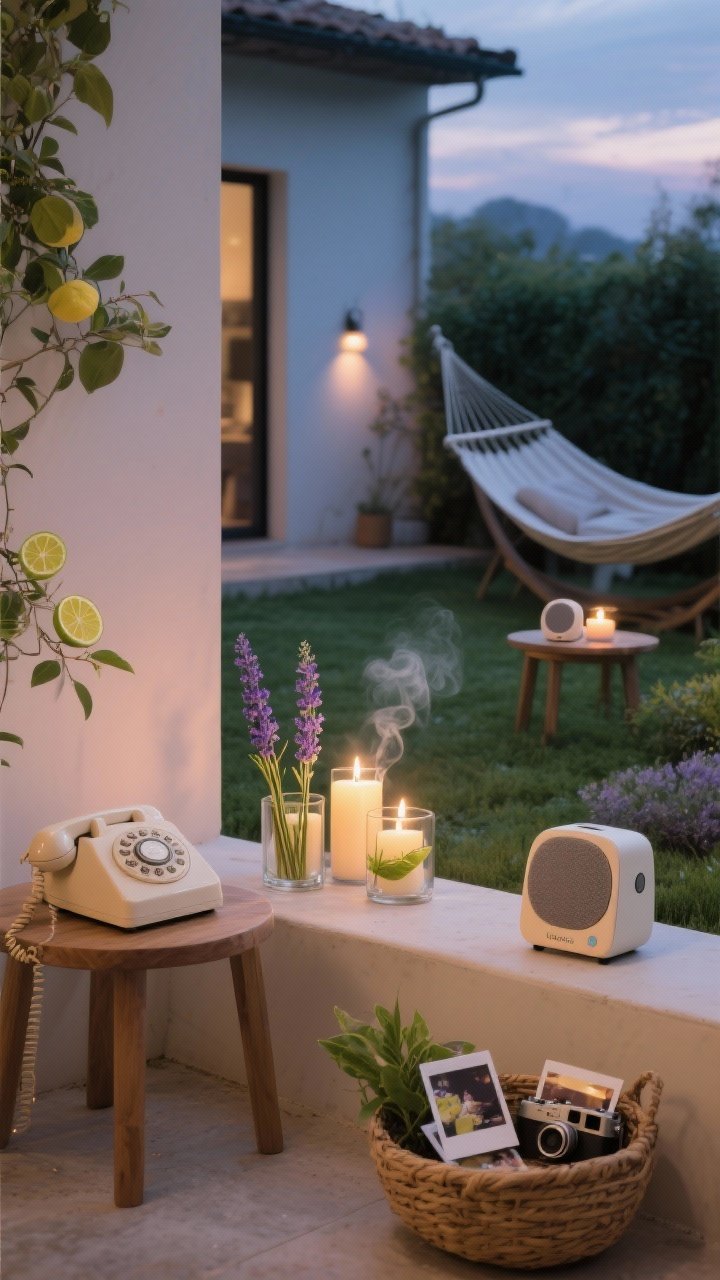 Detail-medium shot focused on ambience and surprises: two small wireless speakers placed discreetly in different garden zones at low volume; a grouping of citronella and lavender candles in glass containers emitting gentle smoke and warm glow; a retro “guest book phone” on a small side table with a basket of fresh Polaroid film and camera; a quiet corner beyond with a hammock and tiny side table; soft, immersive twilight; photorealistic, shallow depth of field.