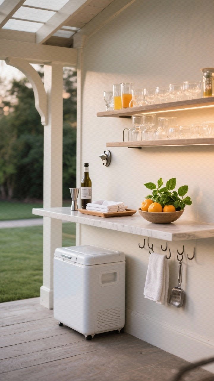 Detail/medium shot: Outdoor bar and beverage station along one gazebo side—slim console with shelves holding glassware and mixers, an insulated cooler cube tucked below next to a small outdoor fridge, wall-mounted bottle opener, tray with napkins and a shaker, hooks underneath for towels and bar tools; styled with a bowl of citrus and a pot of fresh mint and basil; soft ambient lighting, photorealistic.