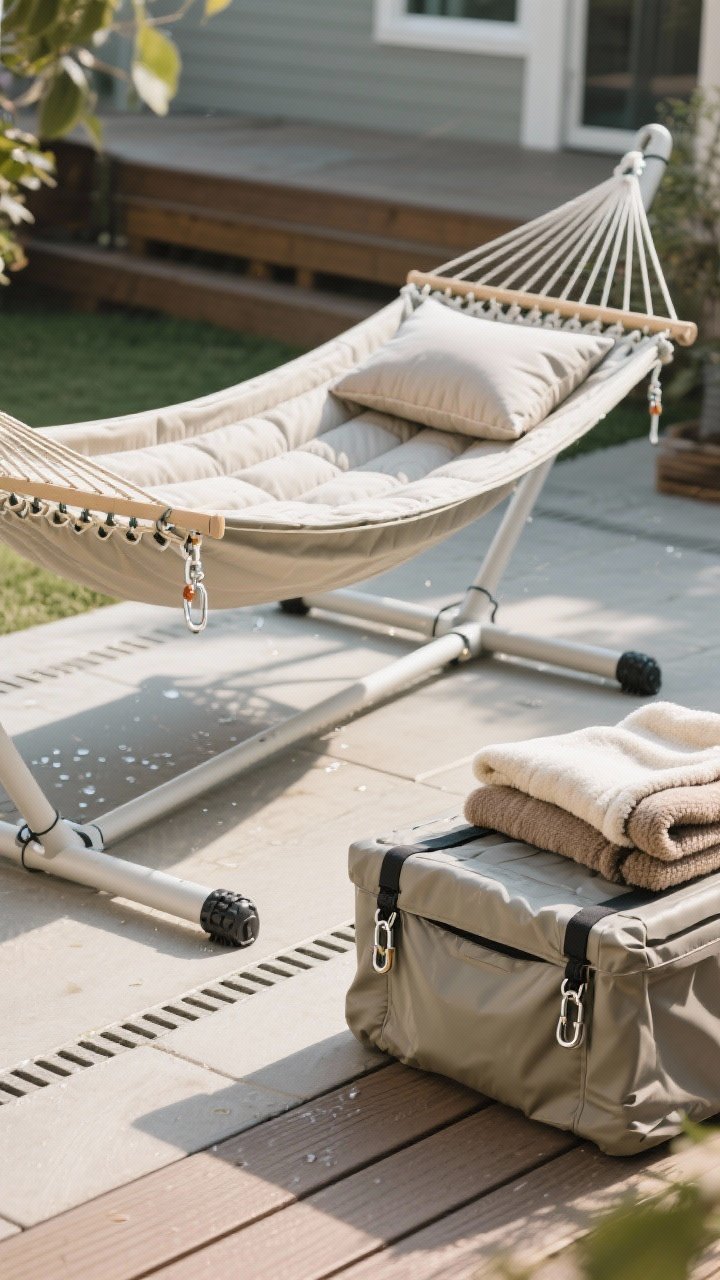 Detail/overhead maintenance-ready setup: An overhead shot of a hammock on a stand with rubber feet on a patio that shows good drainage. Quick-dry fabric beads water; a slip-on cover is folded nearby atop a waterproof deck box that stores pillows. A folded fleece underquilt and a cozy throw rest on the box for cooler months. Close detail of clean carabiners, knots, and straps ready for inspection. Soft natural light, practical and tidy, no people, photorealistic.