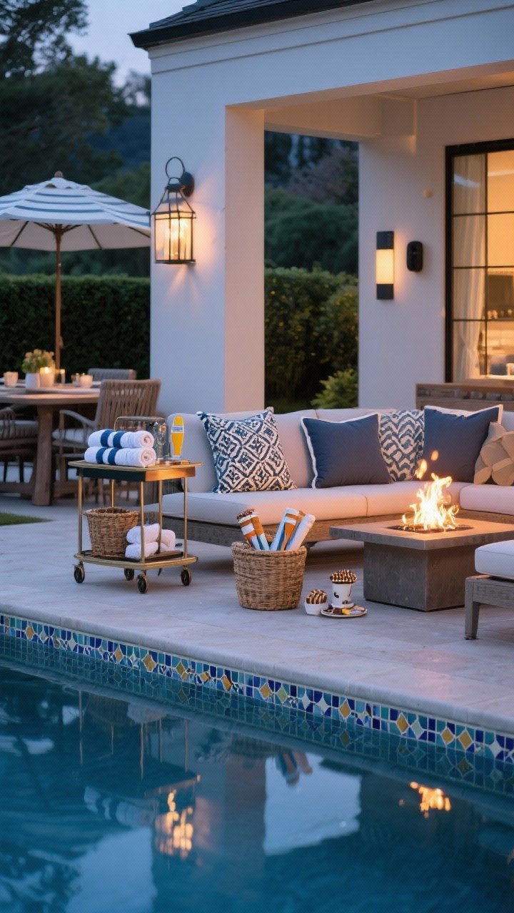 Detail-rich closeup, three-quarter angle: Personalized finishes and rituals—a patterned waterline tile at the pool and a small mosaic accent on the sun shelf; coordinated textiles with two patterns and one solid across pillows, towels, and umbrella trim; a styled bar cart by the dining table, a basket with rolled towels and sunscreen near loungers, and a compact s’mores kit by a fire table; include one statement lantern and discreet outdoor speakers; evening scene with dimmable fire table glow.