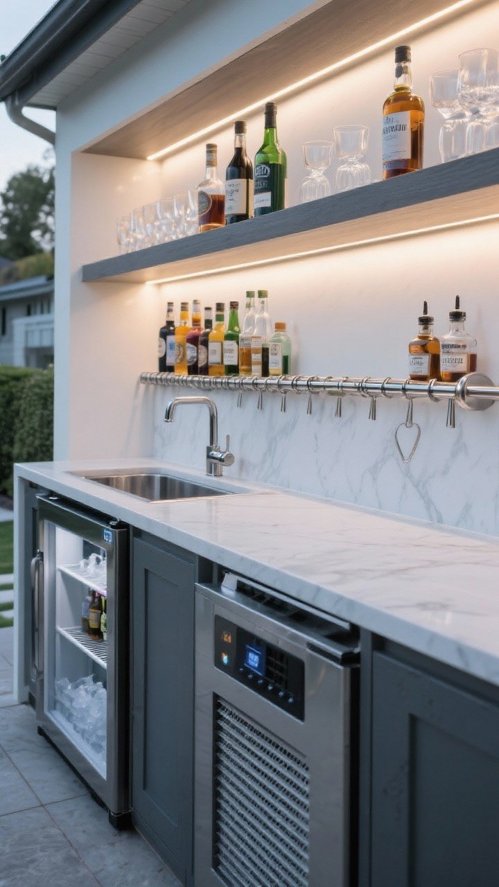 Detail shot: A dedicated beverage center—outdoor-rated beverage fridge with vented front, compact bar sink, built-in ice maker with a stainless drip tray, and a brushed steel speed rail with organized mixers; a floating shelf above with LED strip lighting illuminating glassware and attractive bottles; cool, crisp lighting for a professional, intentional bar vibe.