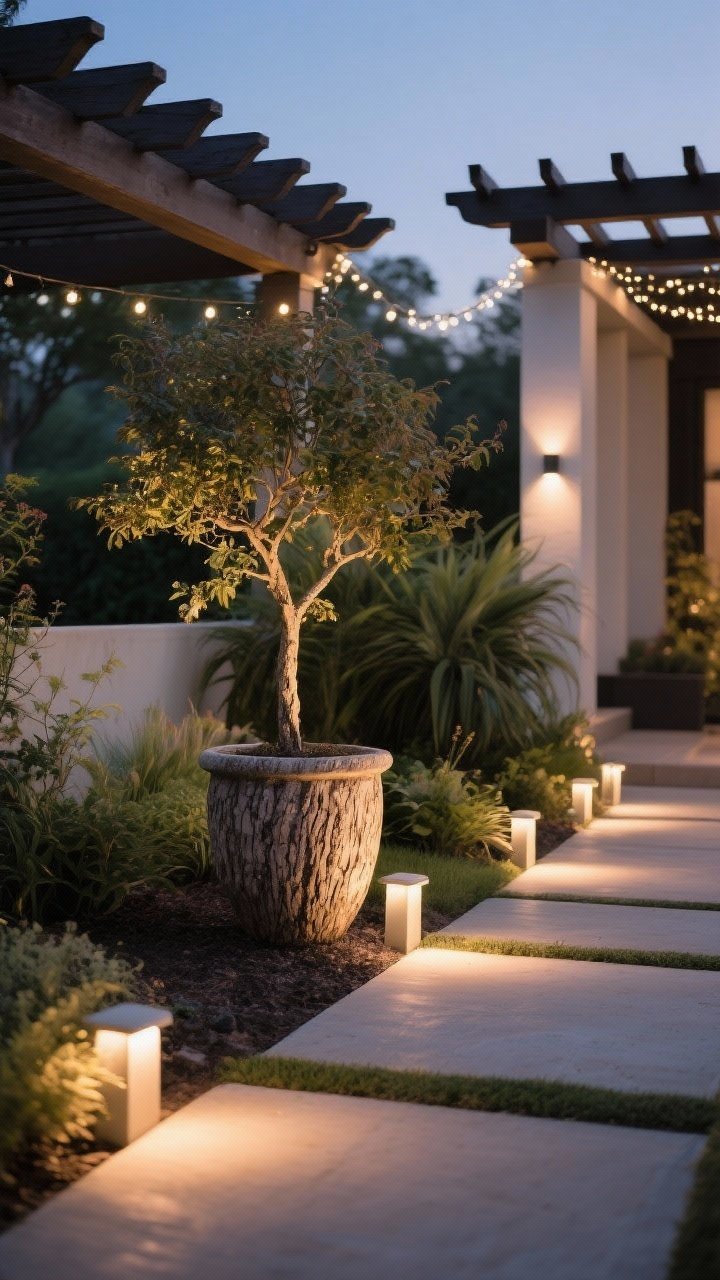 Detail shot at dusk of low-maintenance landscape lighting: warm white (2700–3000K) path lights spaced 5–8 feet apart casting soft pools, a discreet uplight grazing the bark and canopy of a small tree or focal urn for texture, and subtle string lights overhead near a pergola edge; fixtures hidden behind plants so the light, not the lamp, is visible; timer-controlled setup implied; mood: cozy and magical; perspective: low eye-level along the lit edge.
